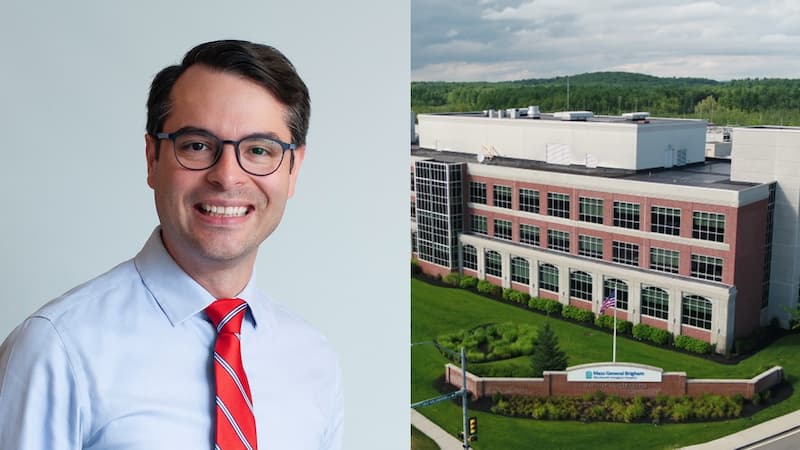 two images. one of a man smiling and one of a building